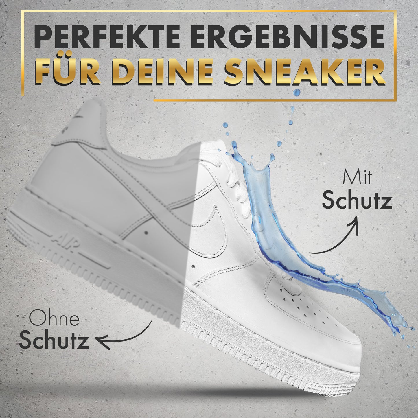 Weißer Sneaker im Vergleich: ohne Schutz zieht Wasser ein, mit Canzt Imprägnierung perlt es ab