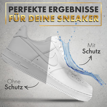 Weißer Sneaker im Vergleich: ohne Schutz zieht Wasser ein, mit Canzt Imprägnierung perlt es ab