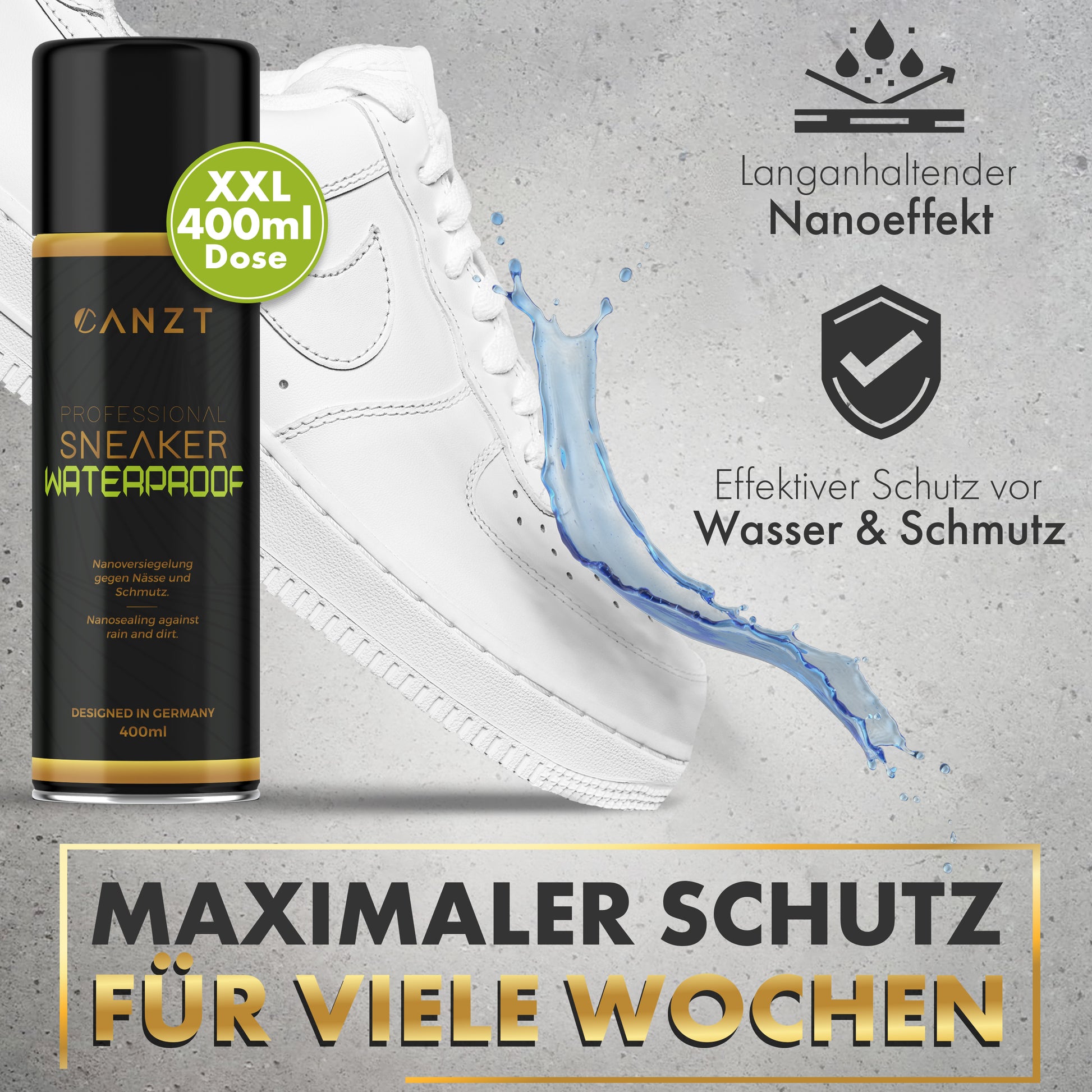 Weißer Sneaker mit abperlenden Wassertropfen neben der Canzt Sprühdose, langanhaltender Nanoeffekt