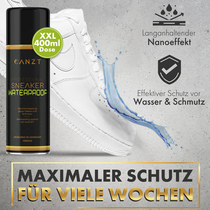 Weißer Sneaker mit abperlenden Wassertropfen neben der Canzt Sprühdose, langanhaltender Nanoeffekt