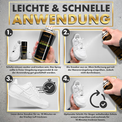 Anwendung in vier Schritten: schütteln, aus 30 cm einsprühen, 10 Minuten trocknen, bei Bedarf wiederholen