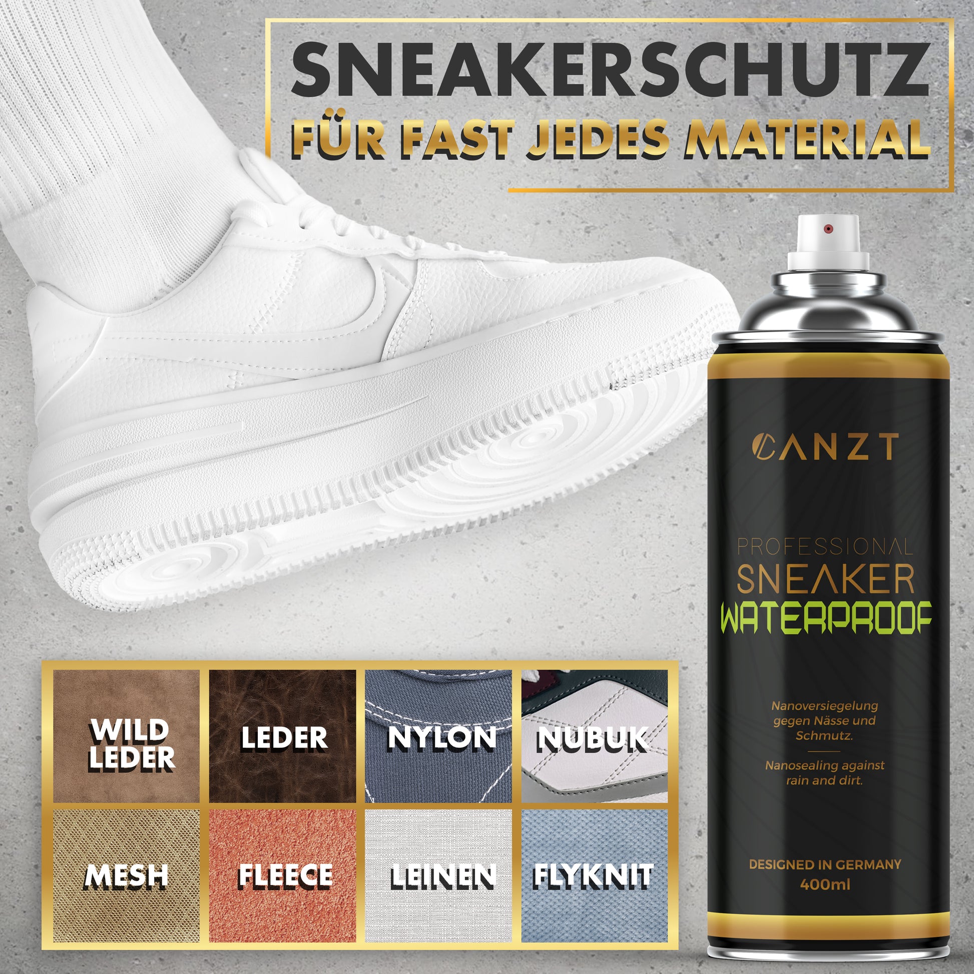 Geeignete Materialien: Wildleder, Leder, Nylon, Nubuk, Mesh, Fleece, Leinen und Flyknit