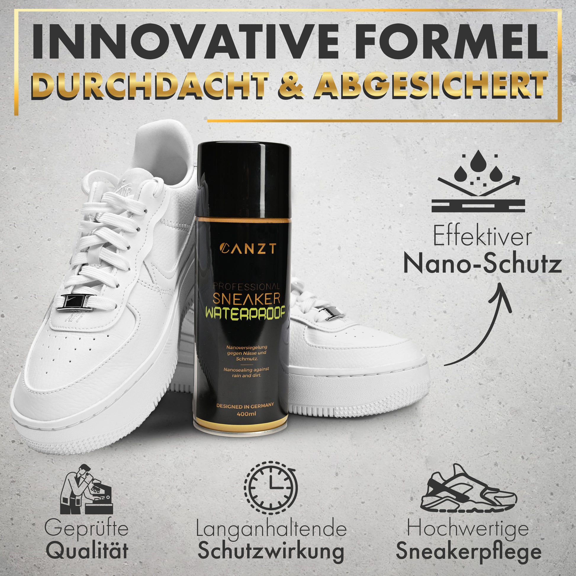 Canzt Imprägnierspray zwischen zwei weißen Sneakern, geprüfte Qualität und langanhaltende Schutzwirkung