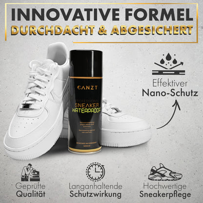 Canzt Imprägnierspray zwischen zwei weißen Sneakern, geprüfte Qualität und langanhaltende Schutzwirkung