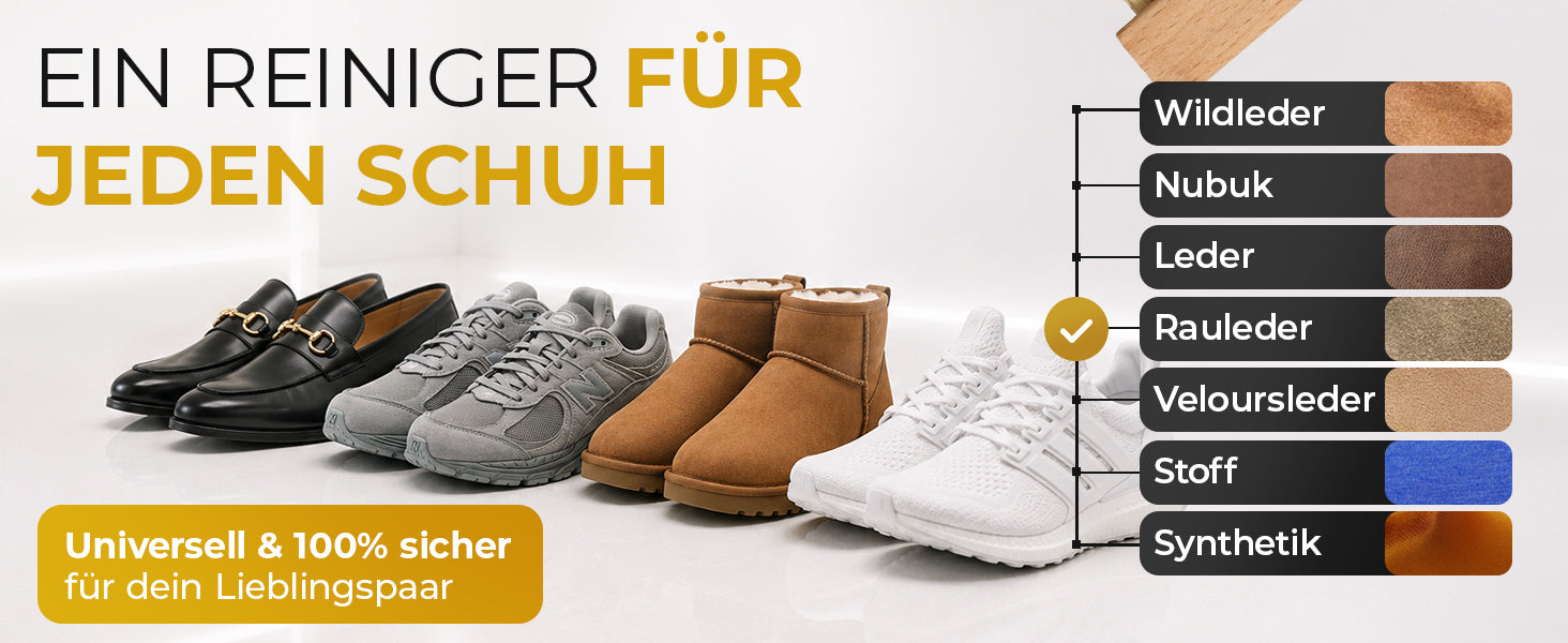 Ein Reiniger für jeden Schuh – geeignet für Wildleder, Nubuk, Leder, Rauleder, Veloursleder, Stoff und Synthetik