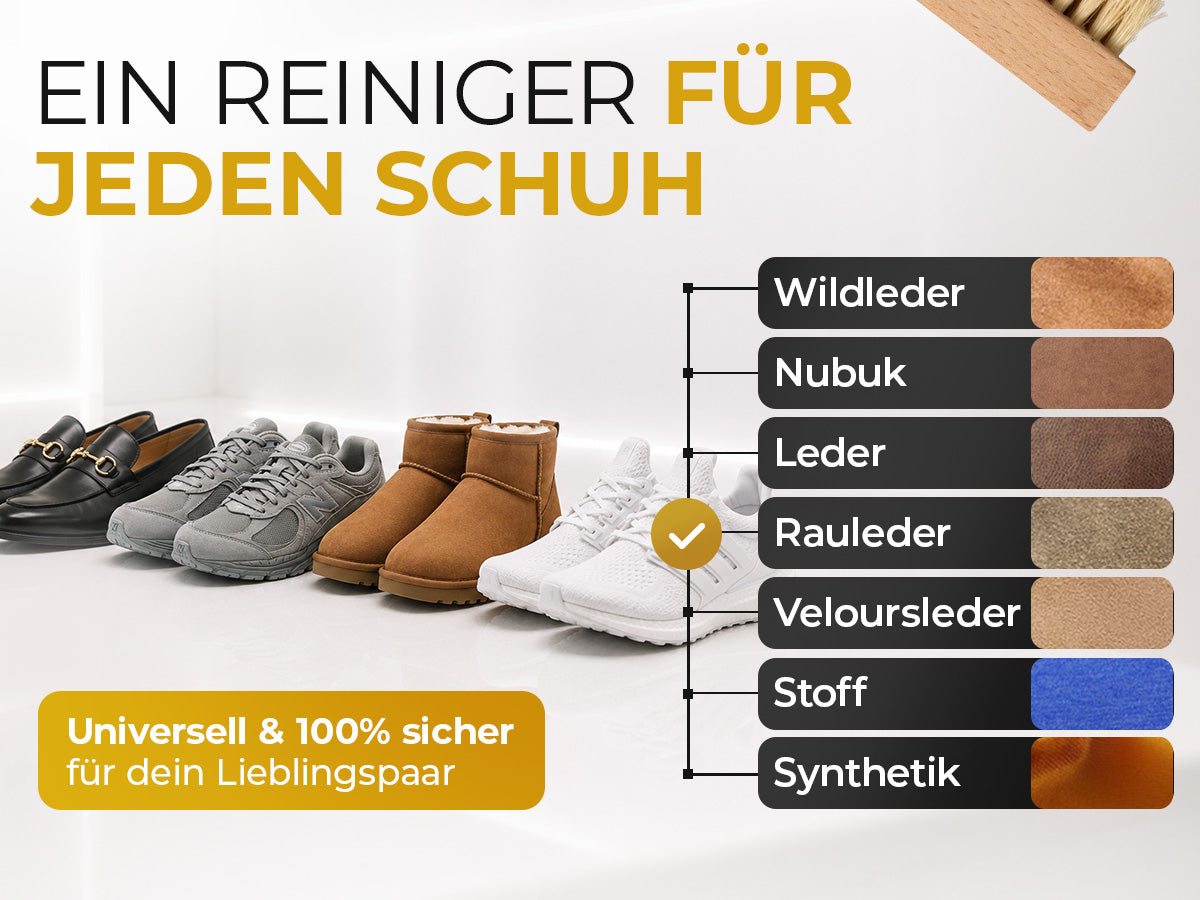 Ein Reiniger für jeden Schuh – geeignet für Wildleder, Nubuk, Leder, Rauleder, Veloursleder, Stoff und Synthetik