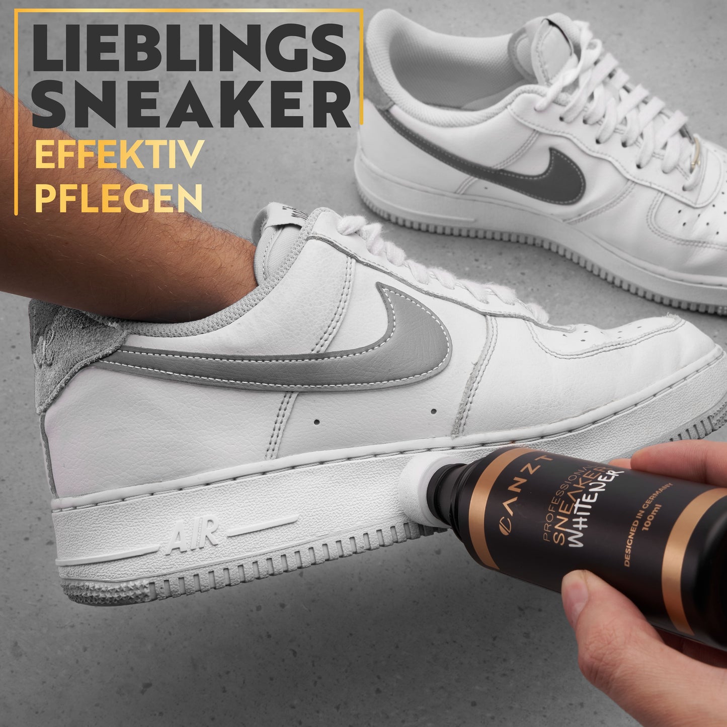 Der Whitener wird mit dem Applikator auf die Sohle eines weißen Sneakers aufgetragen