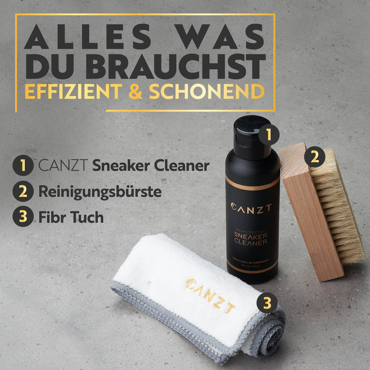 Der Inhalt im Überblick: Cleaner, Reinigungsbürste und Mikrofasertuch, nummeriert dargestellt