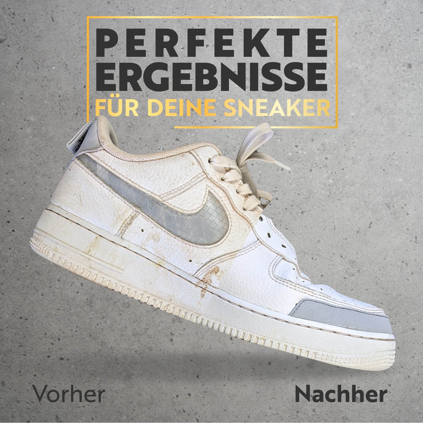 Vorher-Nachher-Vergleich an einem weißen Sneaker nach der Reinigung mit dem Gel