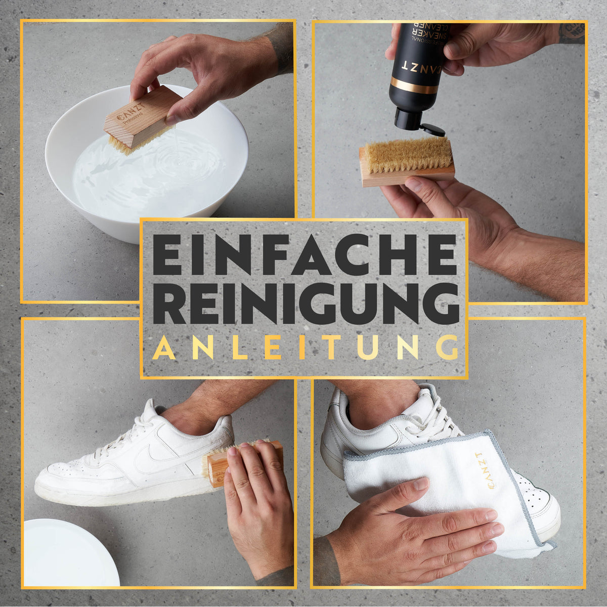 Anwendung Schritt für Schritt: Cleaner auf der angefeuchteten Bürste aufschäumen und abnehmen