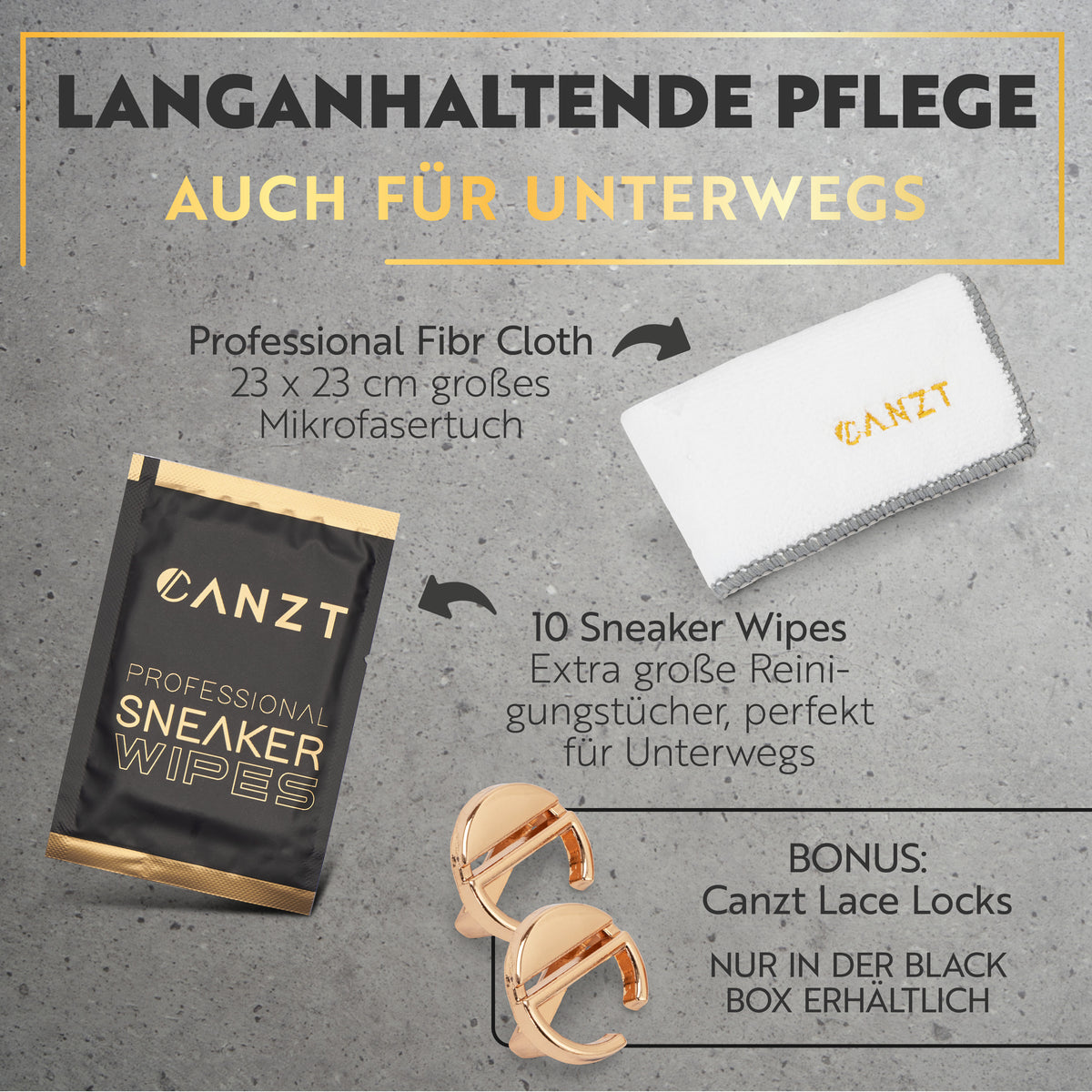 Mikrofasertuch, 10 Sneaker Wipes und Canzt Lace Locks als Bonus