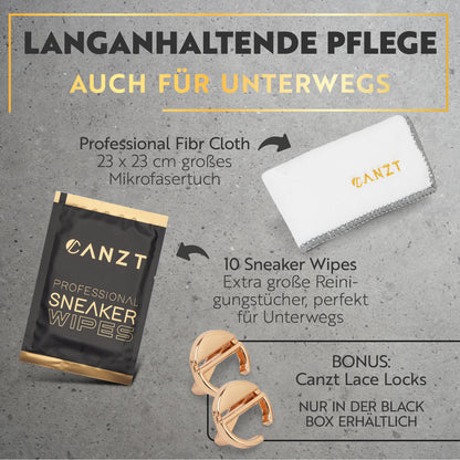 Mikrofasertuch, 10 Sneaker Wipes und Canzt Lace Locks als Bonus