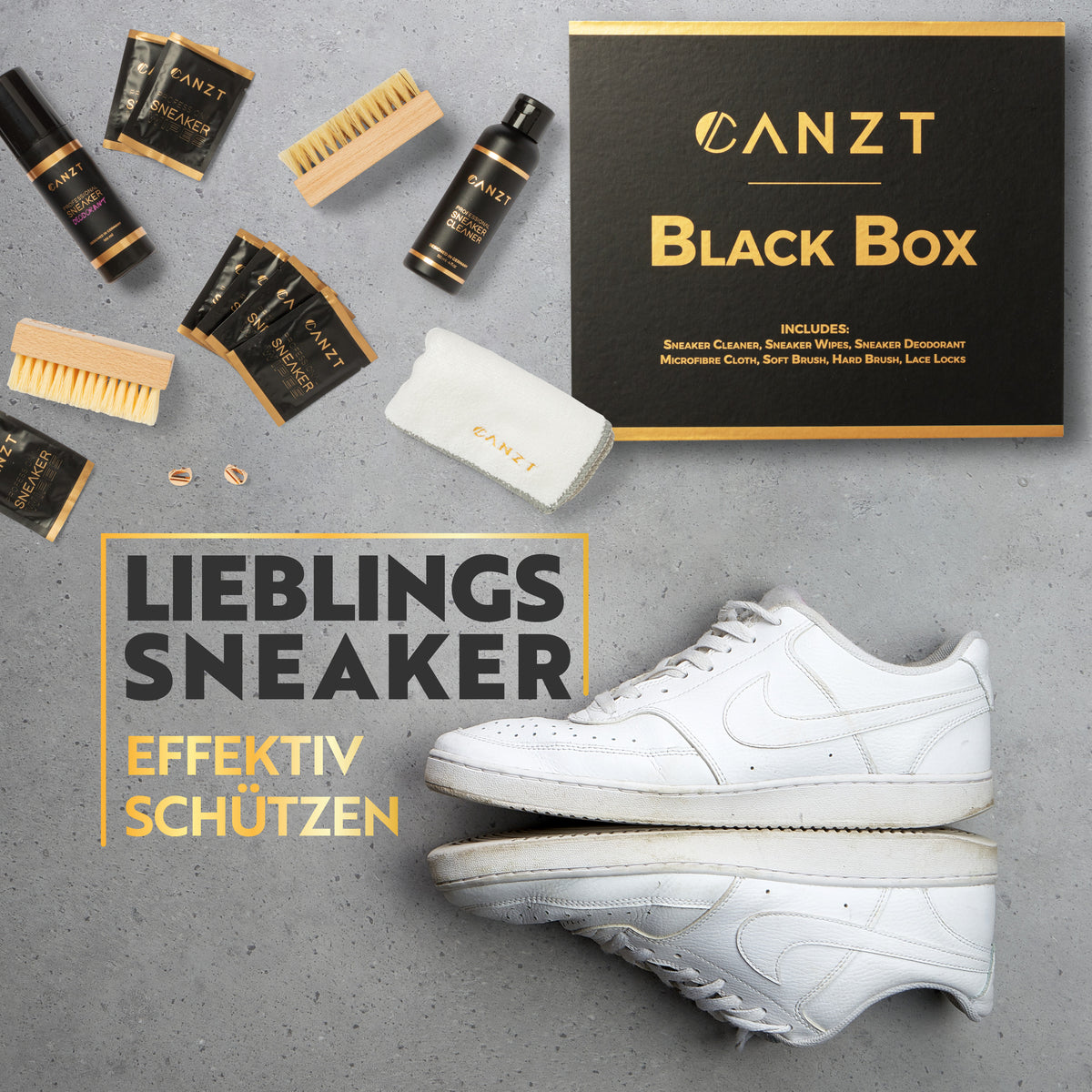Bürsten und Zubehör aus der Canzt Black Box in der Draufsicht