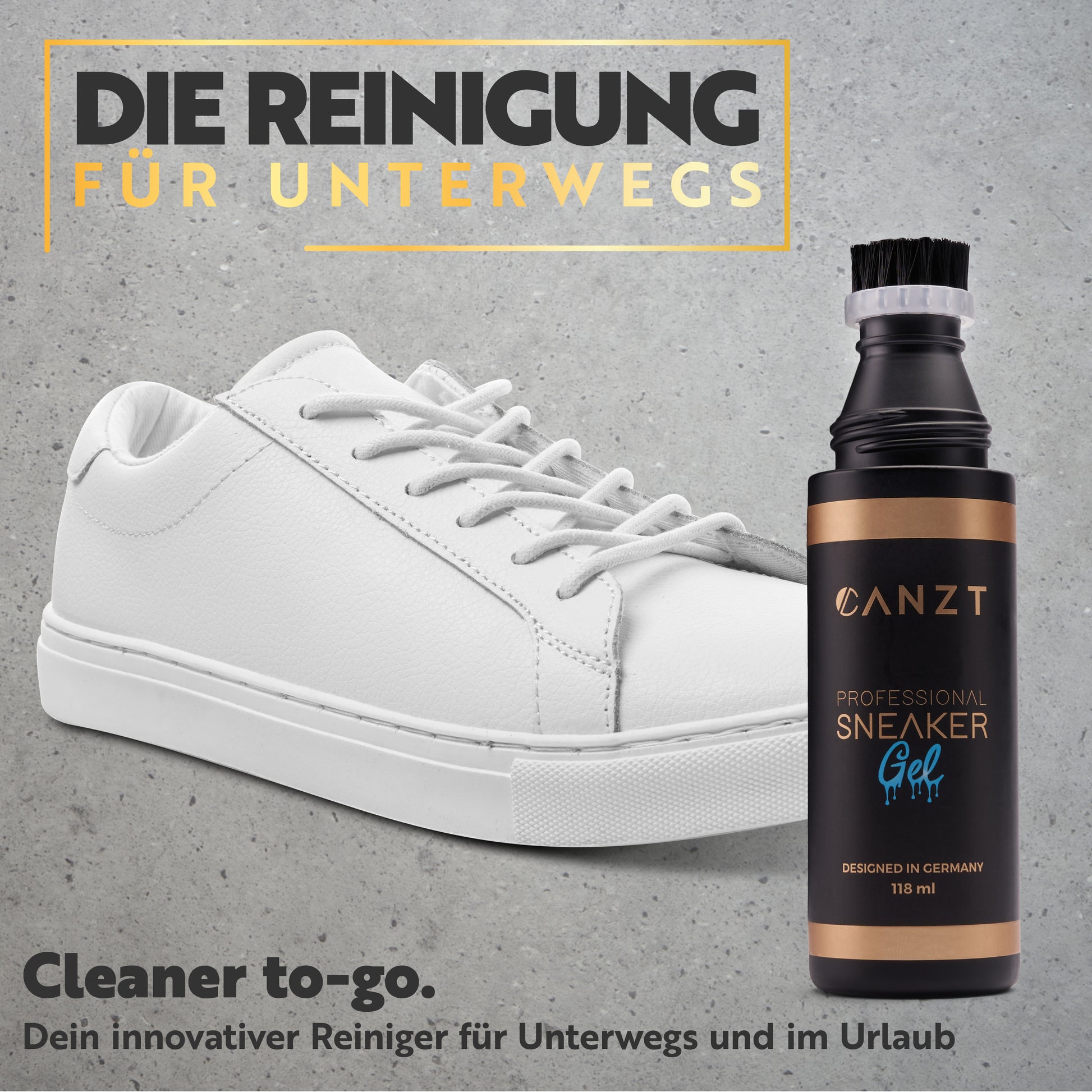 Canzt Sneaker Gel als Cleaner to-go vor einem weißen Sneaker