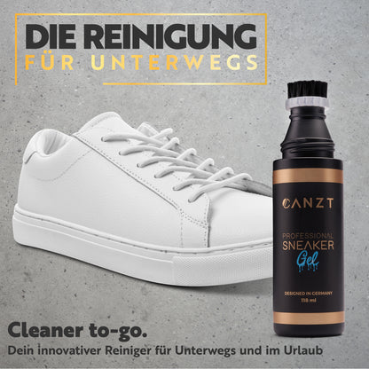 Canzt Sneaker Gel als Cleaner to-go vor einem weißen Sneaker