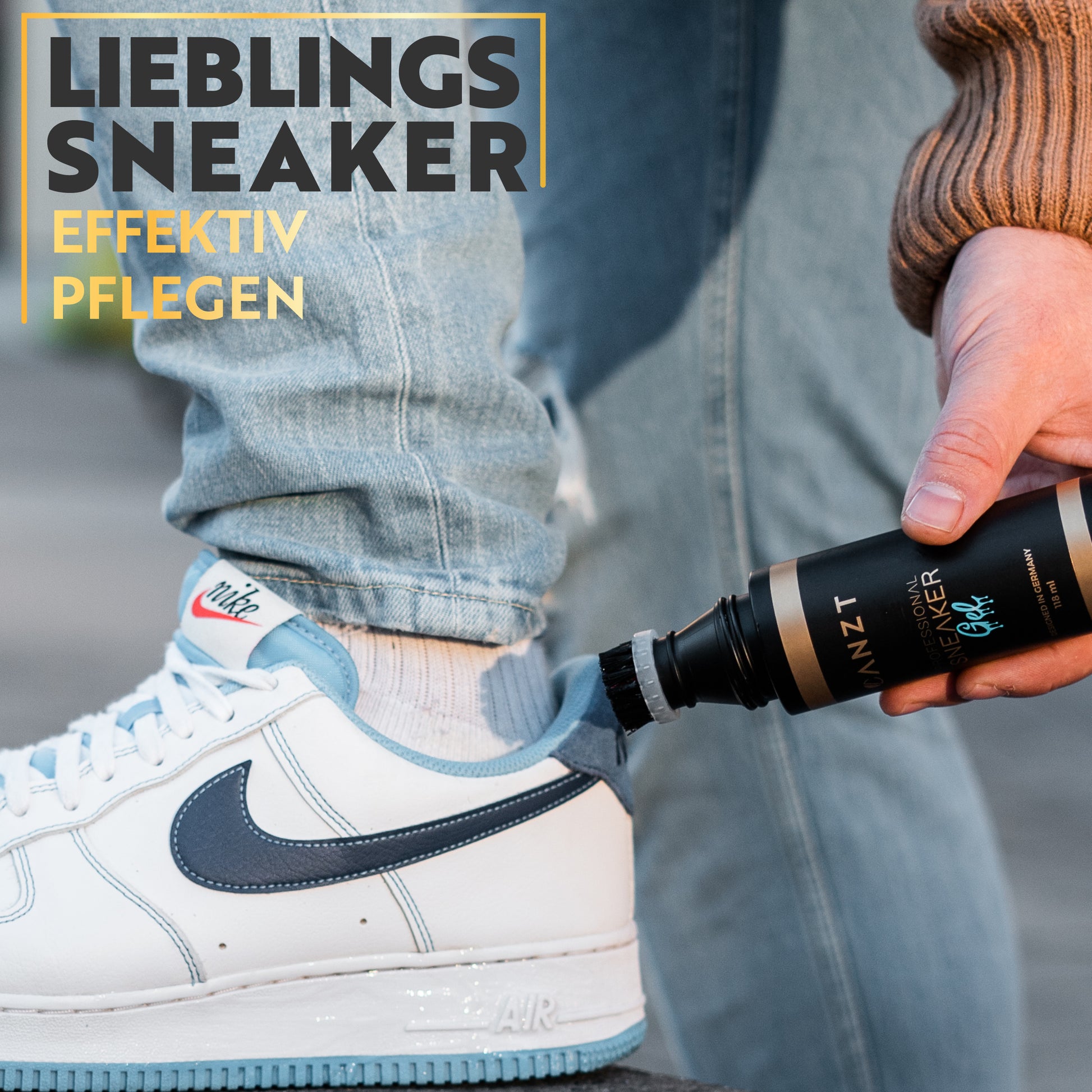 Das Sneaker Gel wird unterwegs auf einen weiß-blauen Sneaker aufgetragen