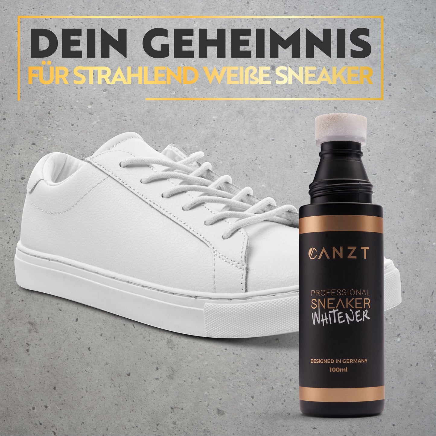 Canzt Sneaker Whitener Flasche vor einem weißen Sneaker