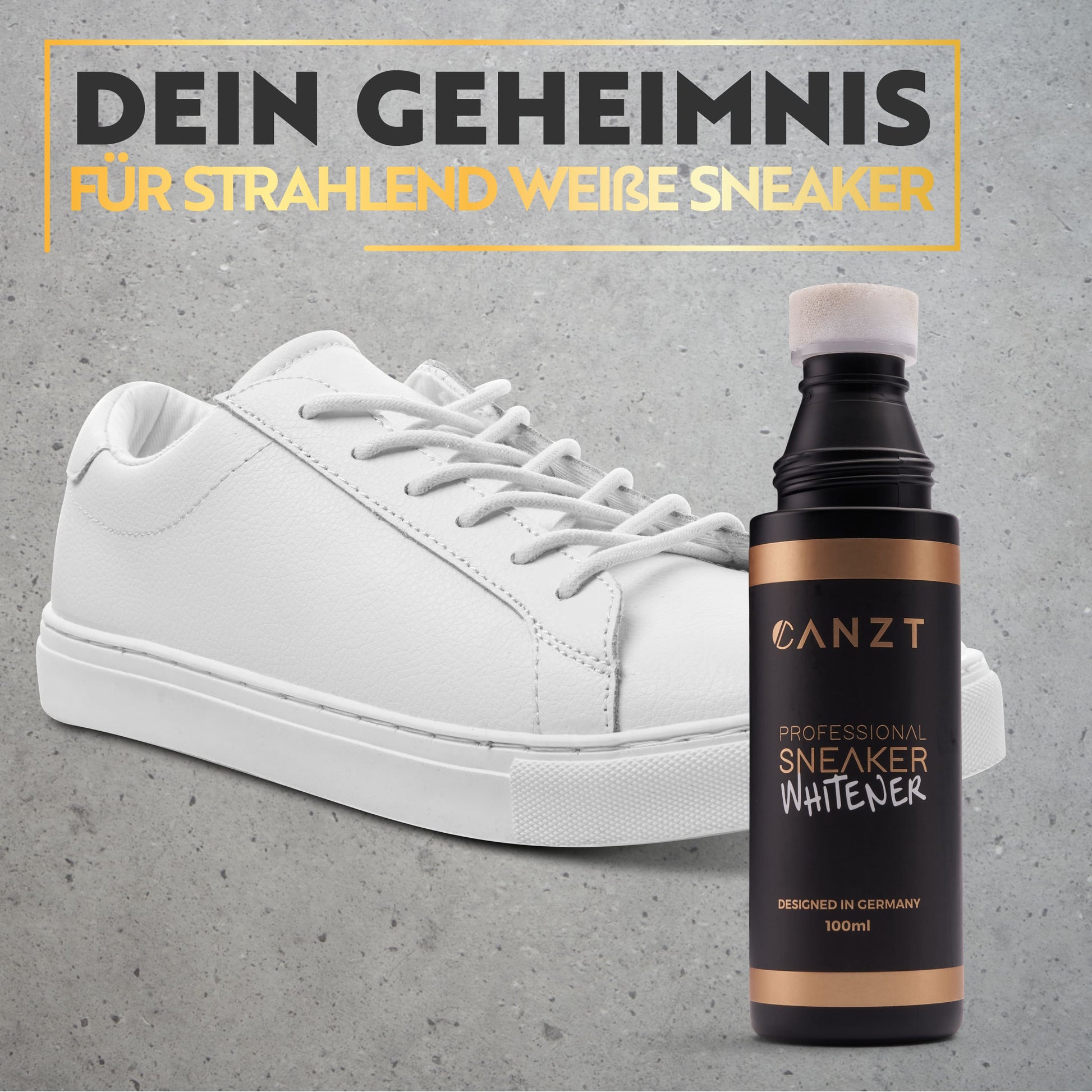 Canzt Sneaker Whitener Flasche vor einem weißen Sneaker