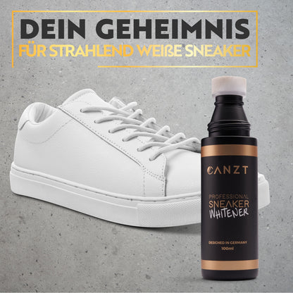 Canzt Sneaker Whitener Flasche vor einem weißen Sneaker