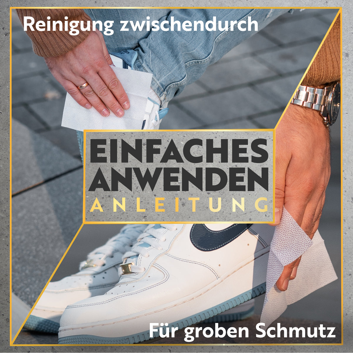 Anwendung unterwegs: ein Sneaker Wipe wird über einen weißen Sneaker geführt