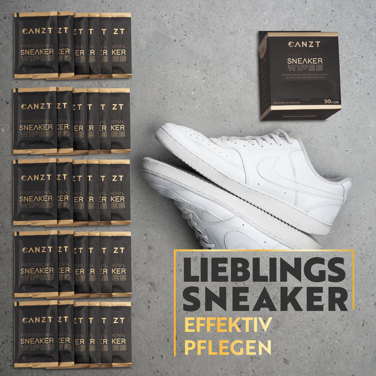 Gestapelte Canzt Sneaker Wipes Boxen neben einem weißen Sneaker